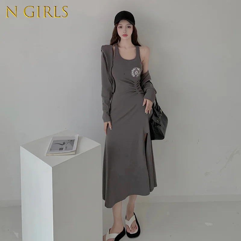 

M GIRLS Korejepo Women 2 Piece Set Autumn New Vest Suspender Dress Female Slimming Casual A-line High Waist Long Dress