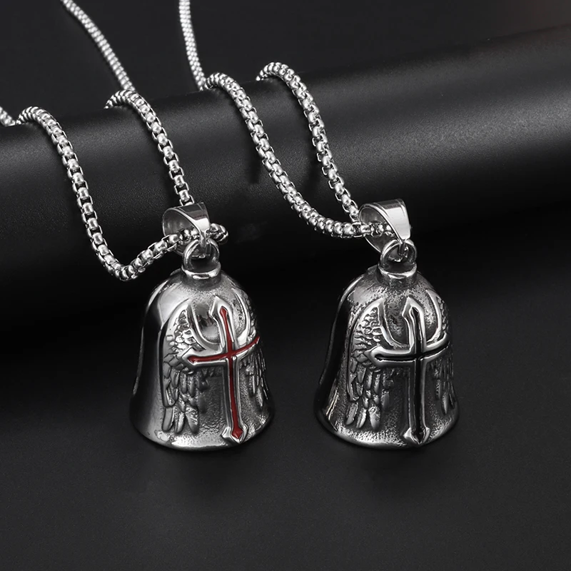 

Bell Pendant Carved Red Cross Wings Motorcycle Bell Necklace Men's Hip Hop Rock Punk Party Jewelry Gift