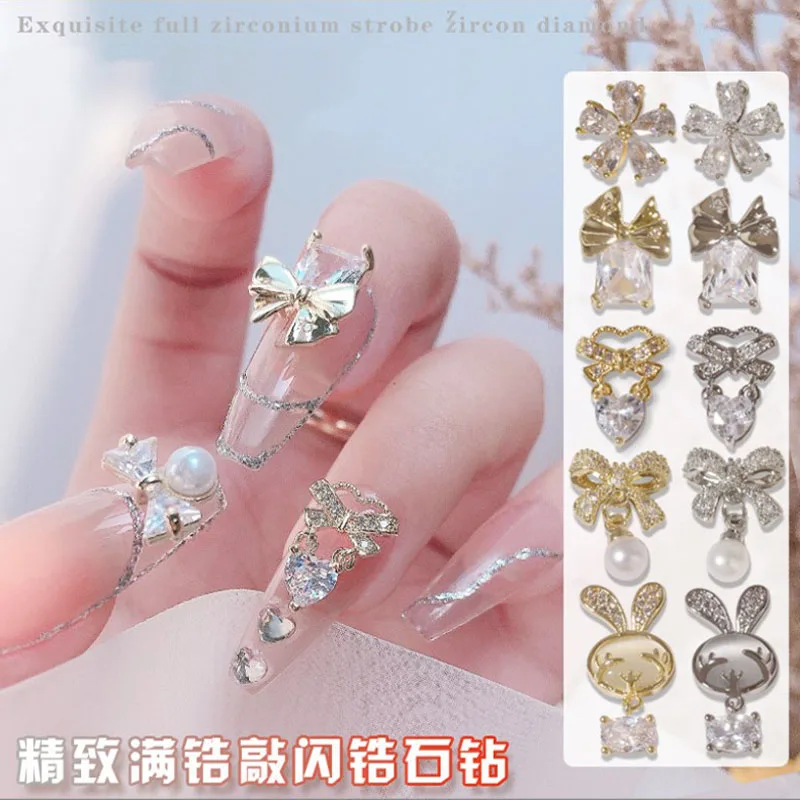 

Pearl Bow Rabbit Pendant Luxury Zircon Crystal Rhinestones Alloy Gold Nail Art Decorations Fashion Tassel Jewelry Ornaments