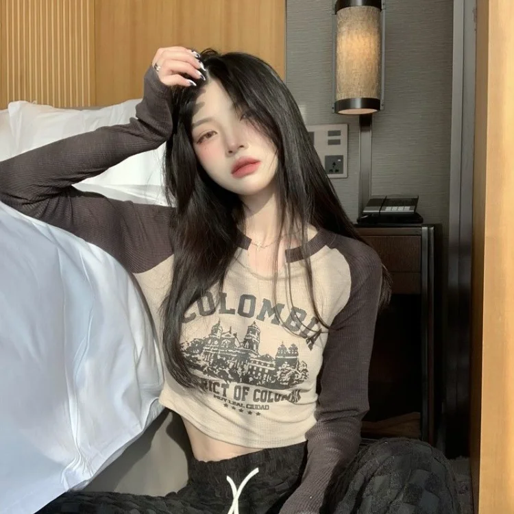 

Sweet Vintage O-neck Letter Print Tee Shirt Autumn E-Girl Slim Fit Bottoming Tops Women Y2k Aesthetics Long Sleeve T-shirt