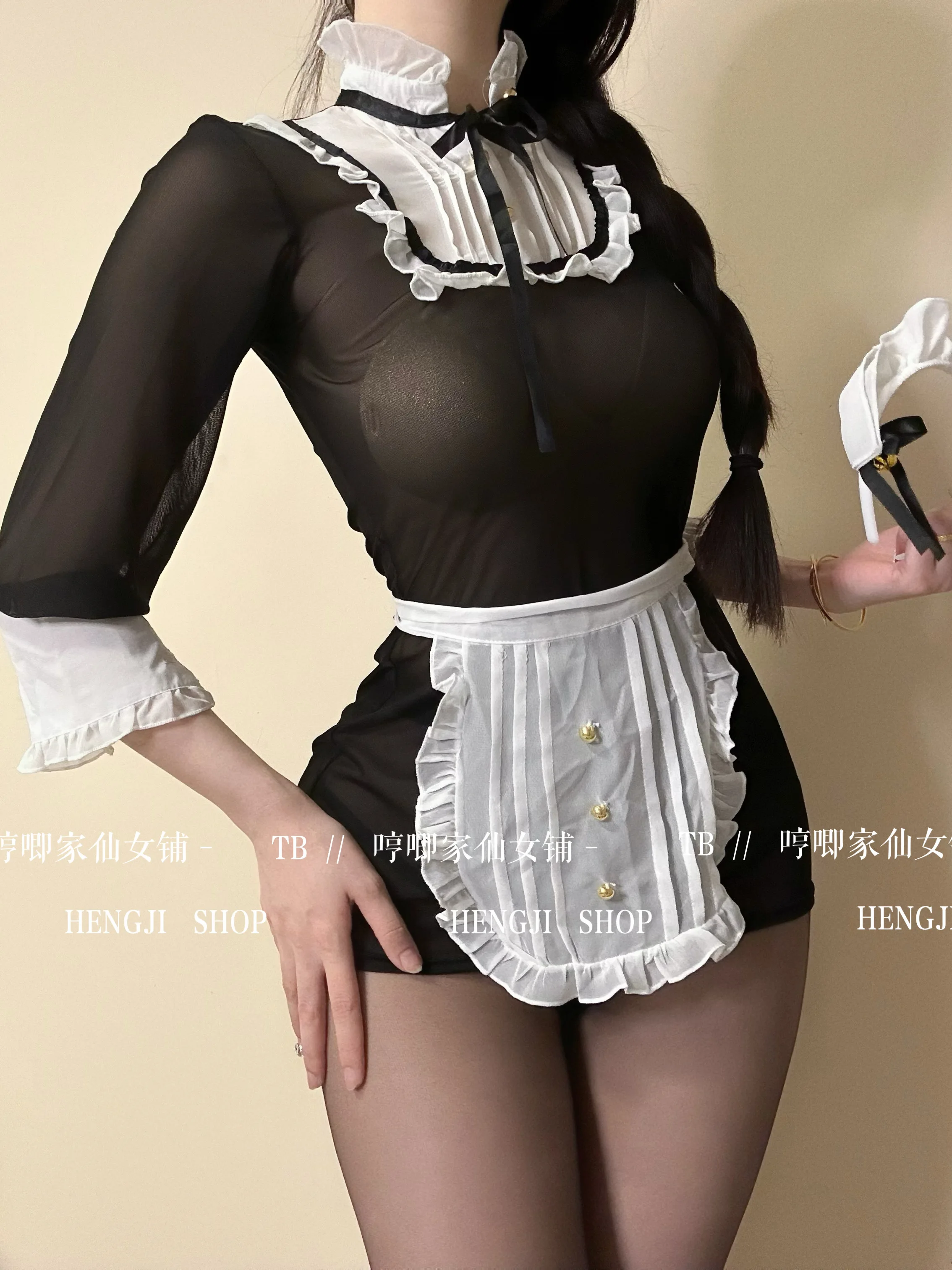 

Sexy Close Fit Maid Mesh Wrap Hip Dress Maid Uniform COS Female Dress Sheer Solid Black Temptation Ball Gown Special Suit1651