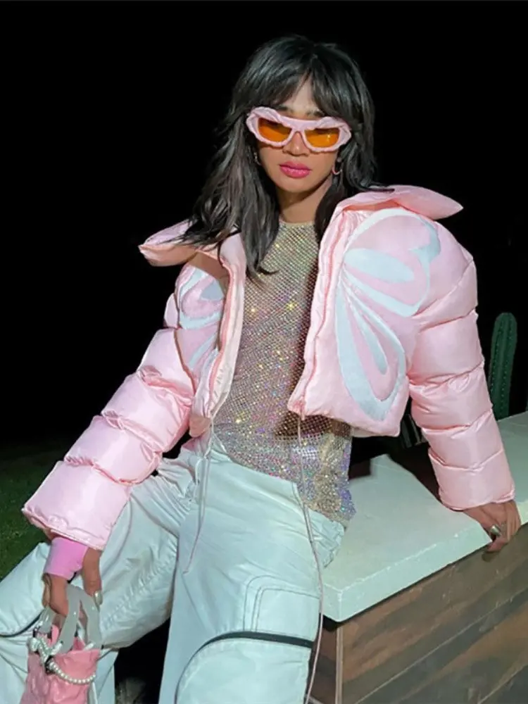 Fashion Turtleneck Zip Up Padded Butterfly Print Puffer Jacket Bubble Coat for Women 2022 Winter Casual Warm Pink Street Outwear