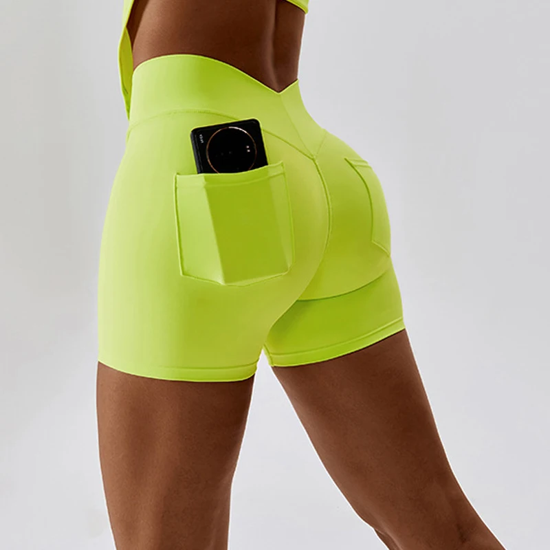 

Женские шорты для йоги, шорты для йоги телесного цвета, облегающие шорты с карманами, спортивные шорты для фитнеса