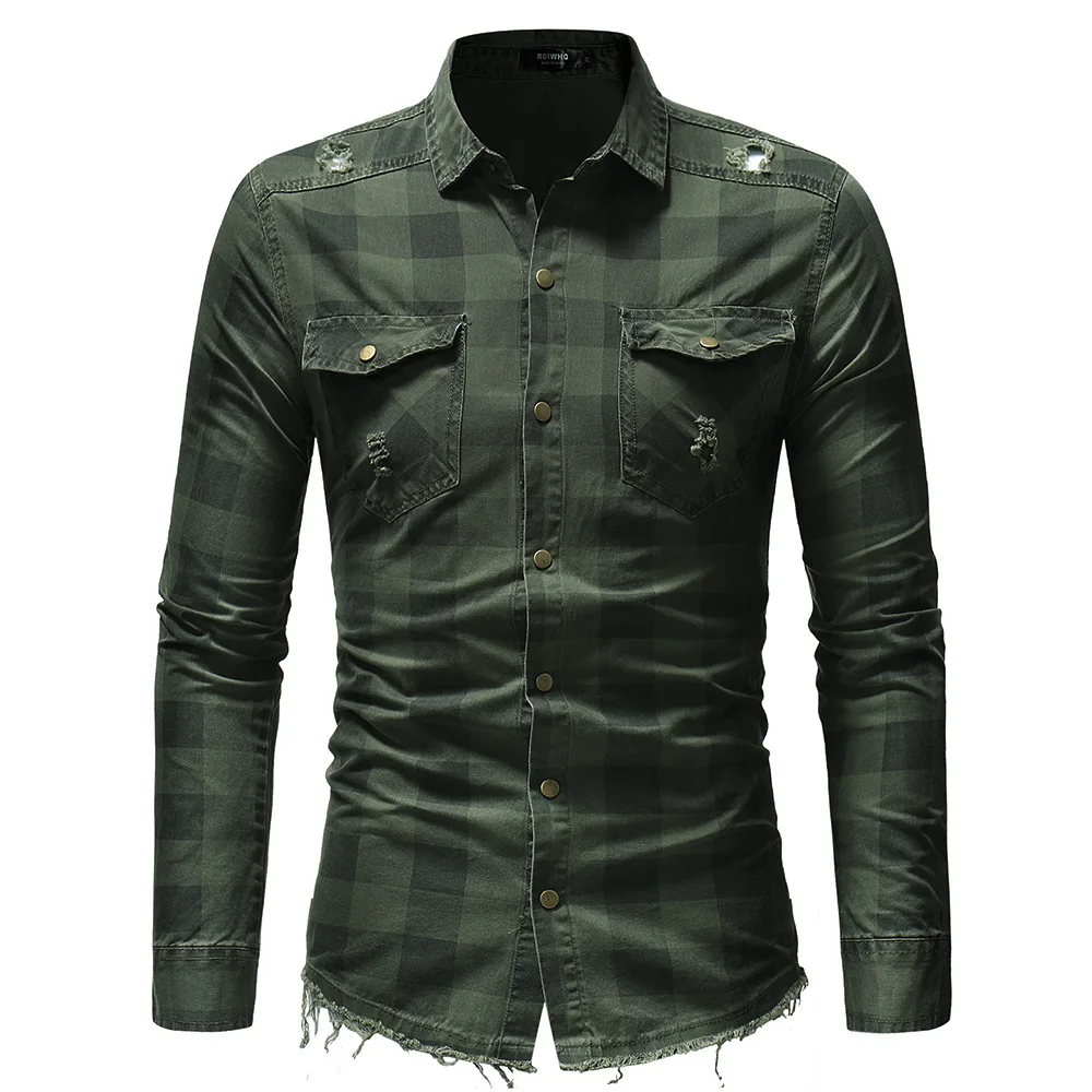 2022 New Mens Shirts Checked Stand Neck Casual Ripped Spring Tops Mens Clothing