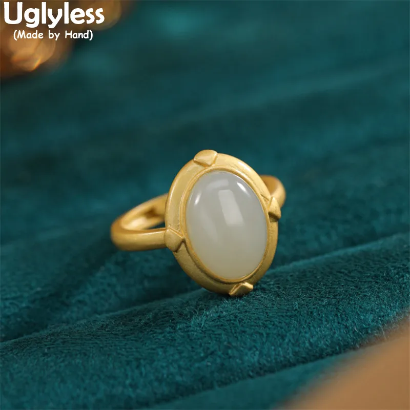 

Uglyless Simple Fashion Blank Gemstones Rings for Women Hotan Natural Jade Rings Gold Real 925 Sterling Silver Bijoux Fashion
