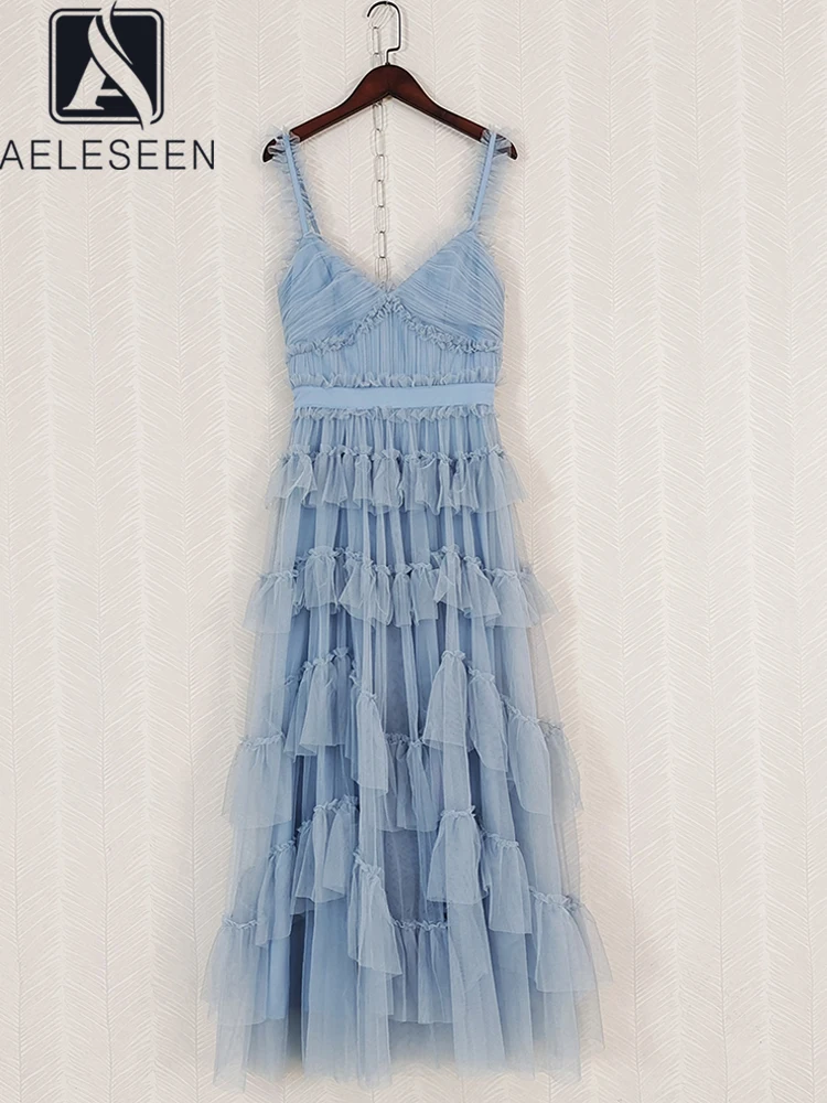 

Женское платье-пачка AELESEEN, модное летнее платье на бретельках, синее, розовое, с объемными оборками, ТРАПЕЦИЕВИДНОЕ, милое, длинное, вечерние, фатиновое платье для выпускного вечера