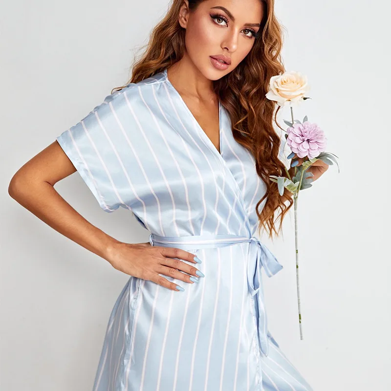Summer Silk Robe Bathrobe For Women Short Sleeves Nightwear Satin Nightgown Blue Color Elegant Pajama Robe Pyjama
