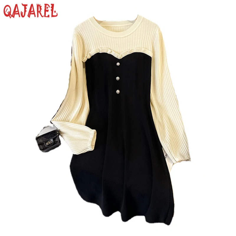 

Women Knitted Cotton Sweater Dresses 2023 Black Hepburn Korean Vintage Midi Dress Autumn Winter Elegant Bodycon Casual Pullover