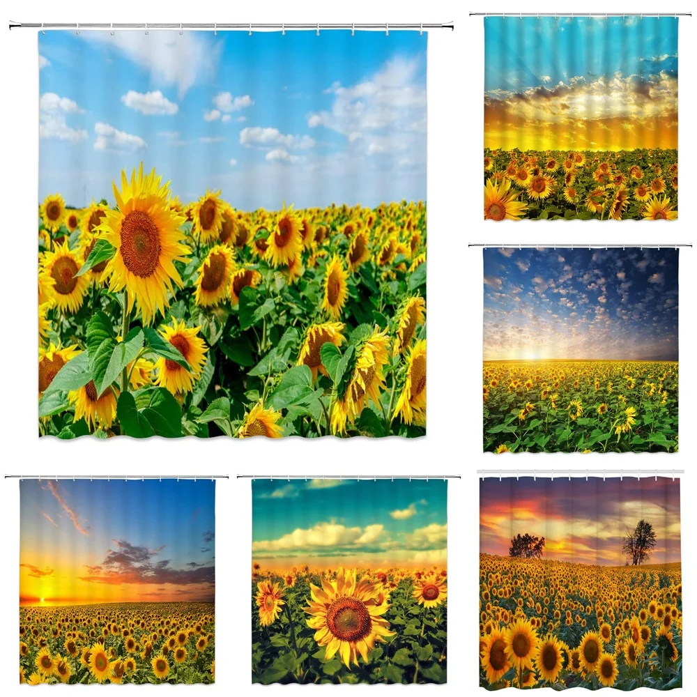 

Yellow Sunflowers Field Shower Curtain Autumn Flowers Blooming Wild Floral Nature Scenery Sunset Fabric Cloth Bathroom Curtains