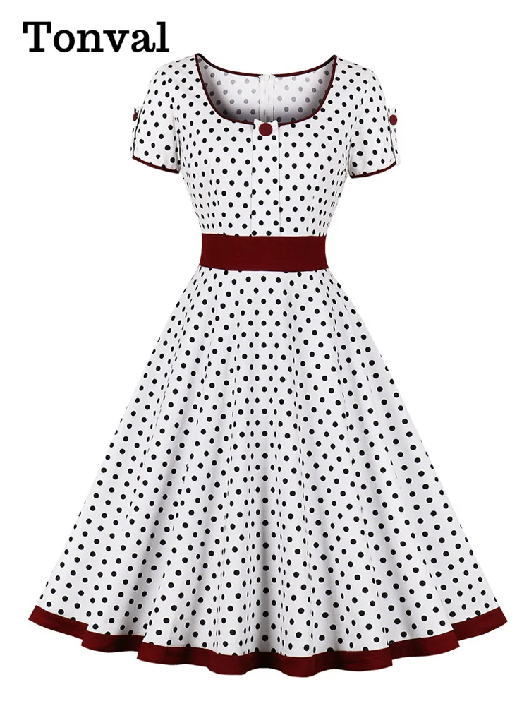 

Tonval 95% Cotton Square Neck 50s Pinup Robe Polka Dot Vintage Dress Women High Waist A-Line Elegant Clothes Midi Dresses