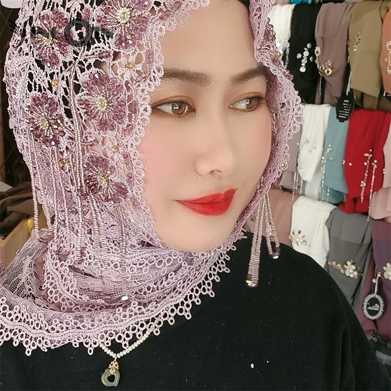 Muslim Women Headscarf Shawl Freeshipping Tassels Lace Summer Malaysia Hollow Scarf Hijab Hat Islam Saudi Arabia Headwrap 2023
