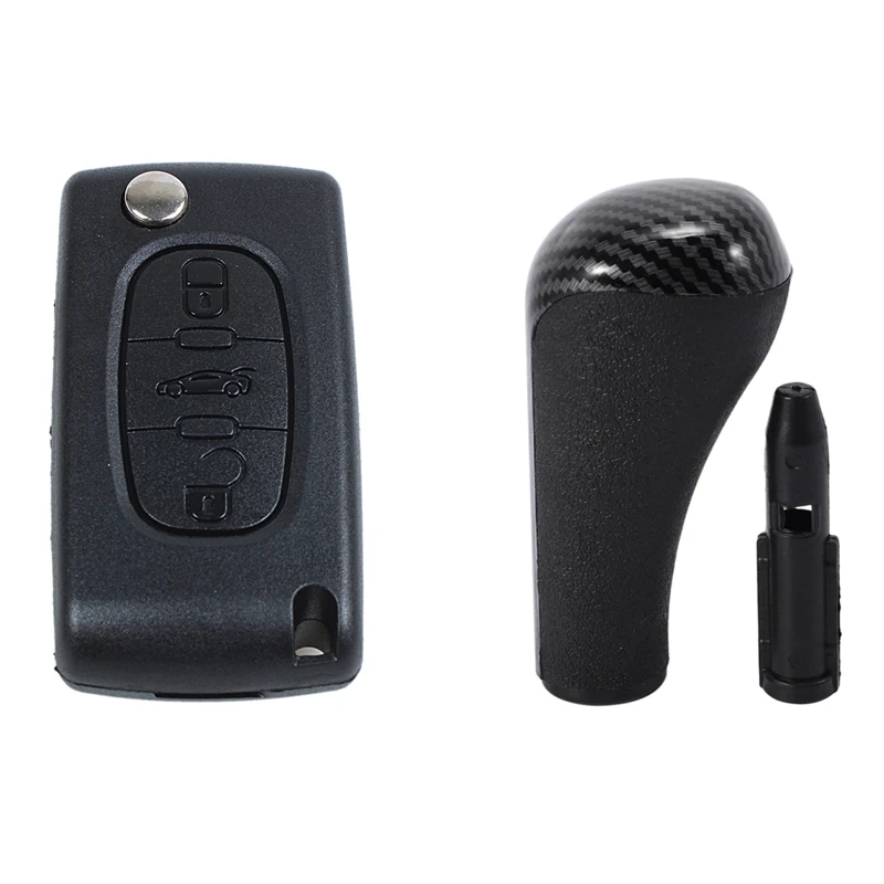 

1 Pcs Key Remote Shell For Peugeot & 1 Pcs Carbon Fiber AT Gear Shift Knob Shifter Lever Stick