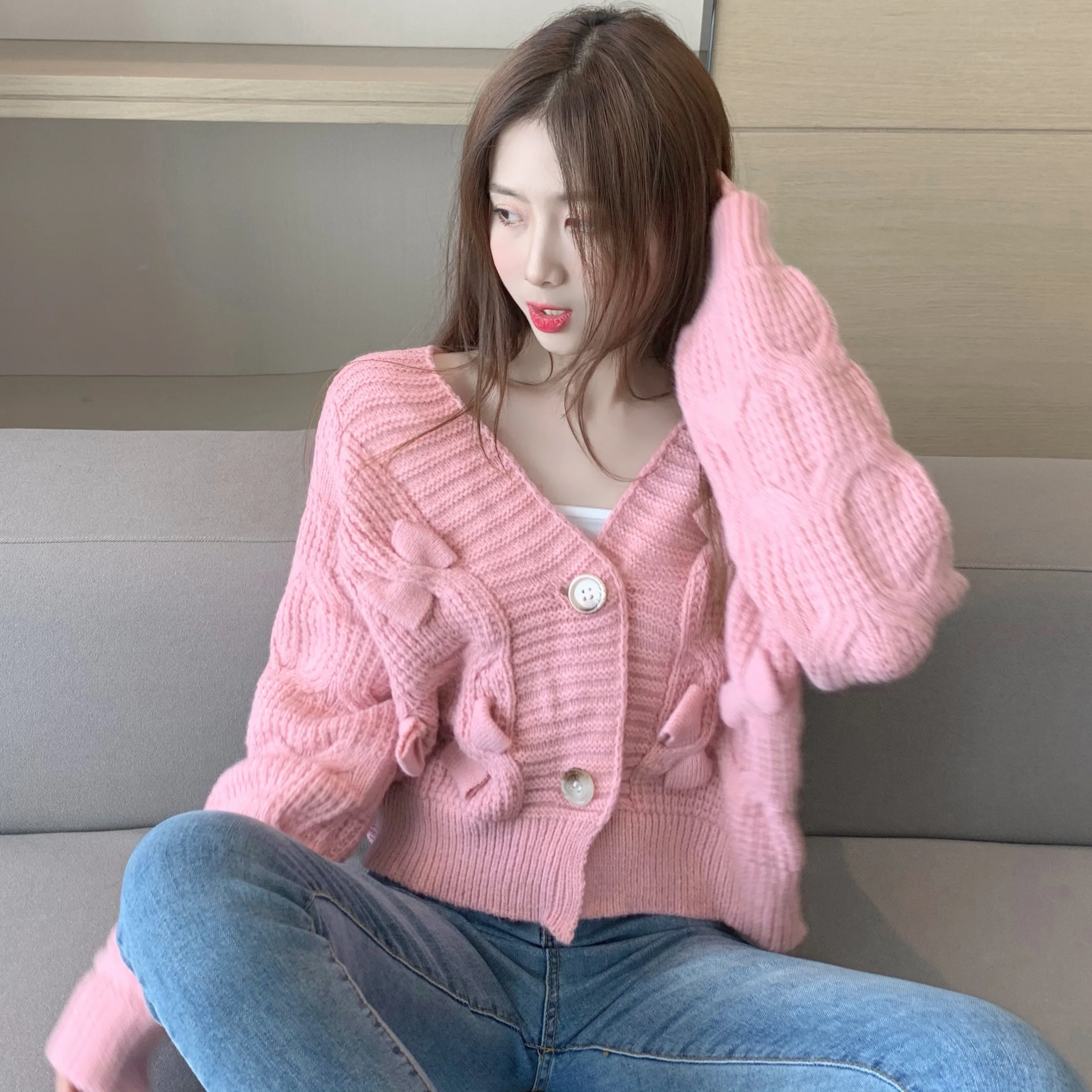 

2020 Winter Women Clothes Bowknot Short Sweater Cardigan Jacket Knitted Loose Outwear Thicken Sweaters V-neck For Sweet Girls