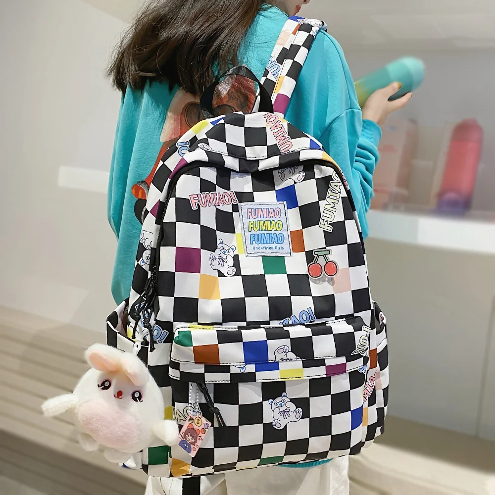 

Fashion New Lady Lattice Travel Cartoon Bag Female Plaid Cute College Backpack Trendy Women Bag Girl Cool Kawaii Laptop Backpack