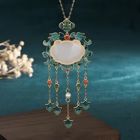 china style new year accessories necklace ancient gold plated jade safe lock pendant tassel clavicle chain necklaces for women