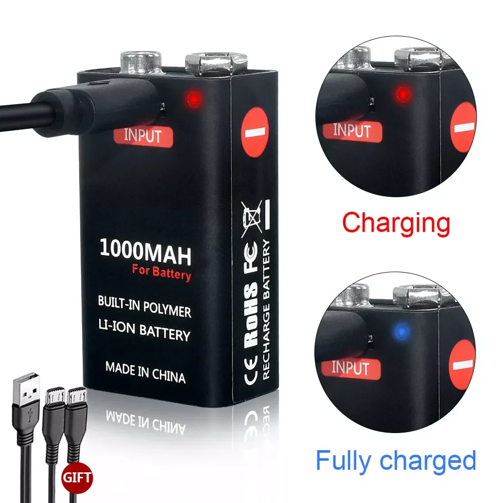 

9V 1000mAh li-ion Rechargeable battery Micro USB Batteries 9 v lithium for Multimeter Microphone Toy Remote Control KTV use