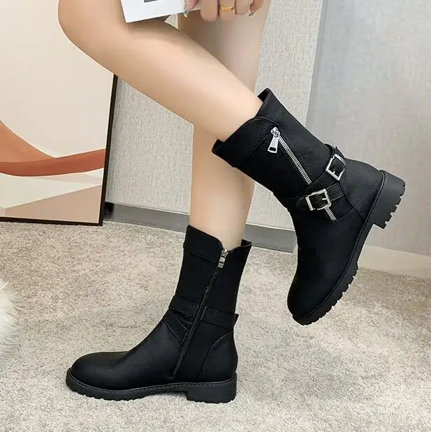 New style autumn and winter thick heel large female boot side zipper leather casual thick-soled riding boots female shoes