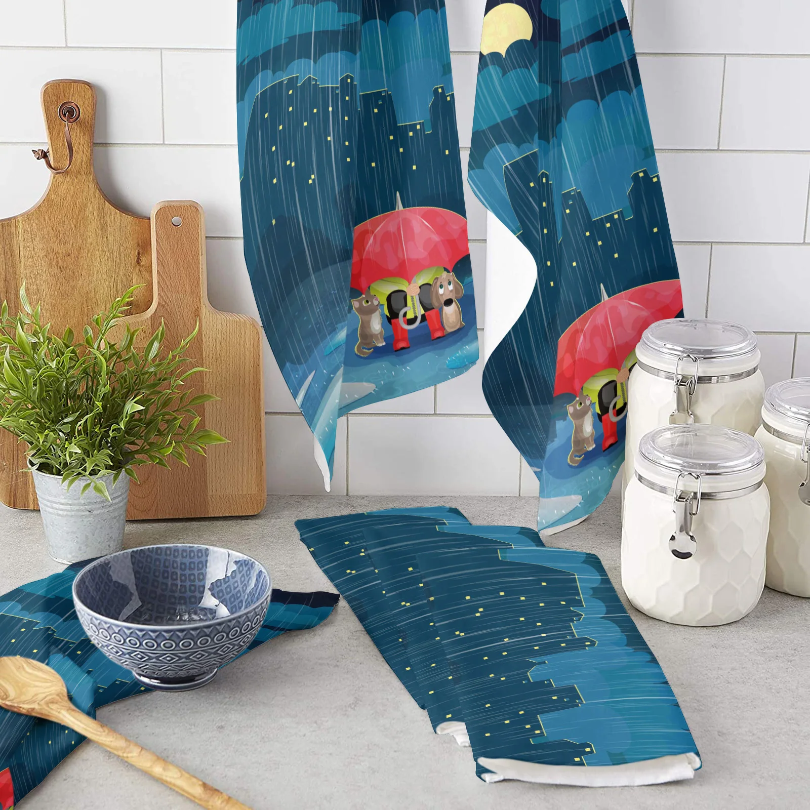 

Night City Moon Cartoon Animal Umbrella Kitchen Cleaning Towel Microfiber Absorbent Dishcloths for Kitchen Rags Cleaning Tool