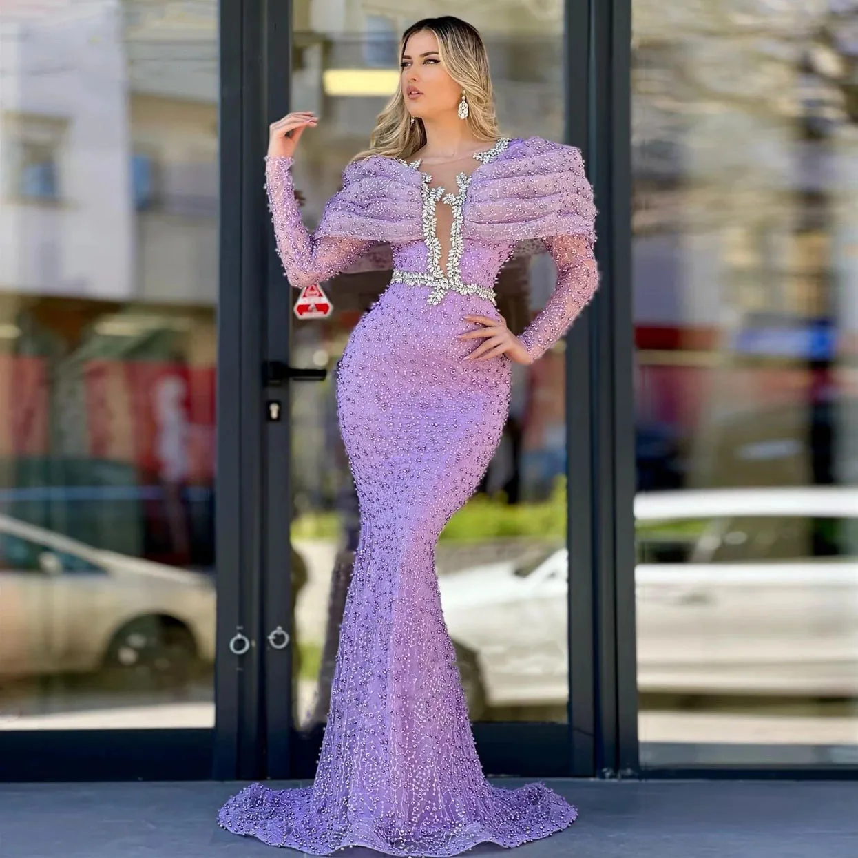 

Luxury Pearls Beaded Lilac Prom Dresses Mermaid Off the Shoulder Long Sleeves Formal Occasion Dress Crystals Arabic Evening Gown