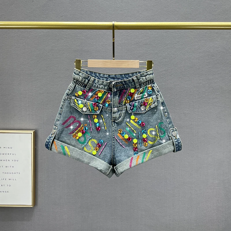 A-line Denim Shorts Women's 2023 Summer New High Waist Loose Slimming European Style Diamond-Embedded Flanging Wide-Leg Pants