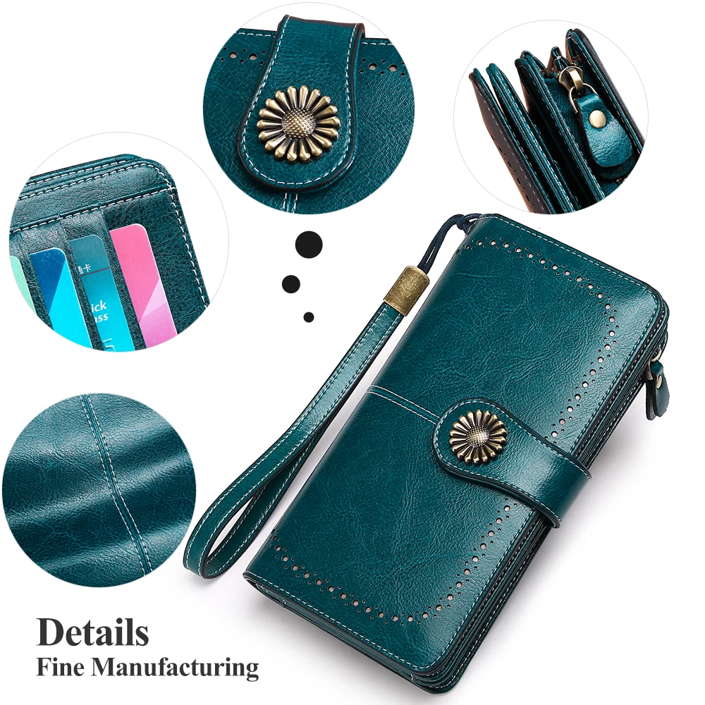 2023 Women Wallets Large Capacity Long Purses Female Zipper Coin Pocket Quality Genuine Leather Wallet Ladies Clutch Wrist Strap