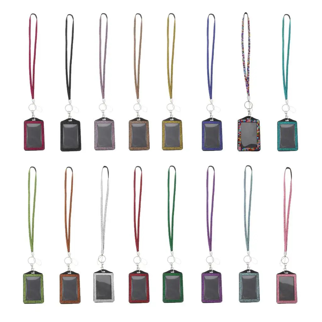 

Rhinestone Lanyard Necklace PU Leather With Leather ID Card Holder And