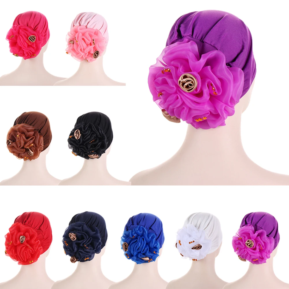 

Diamonds Rose Flower Turban Women Muslim Hijab Inner Hat Beanies Bonnet Underscarf Chemo Cap Cancer Headscarf Hair Loss Headwear