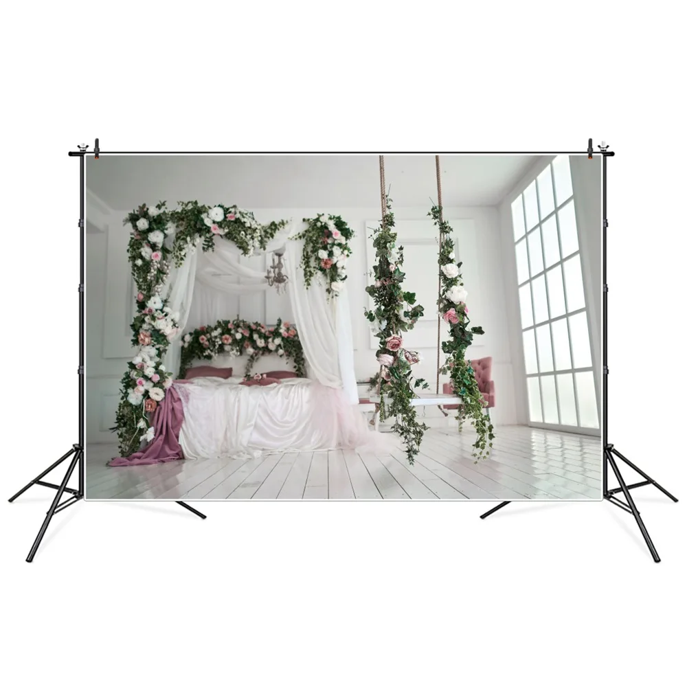 

Girls Birthday Photography Backdrop Bedroom Decoration Custom Children Flowers Swing Curtain Window Board Home Photo Background