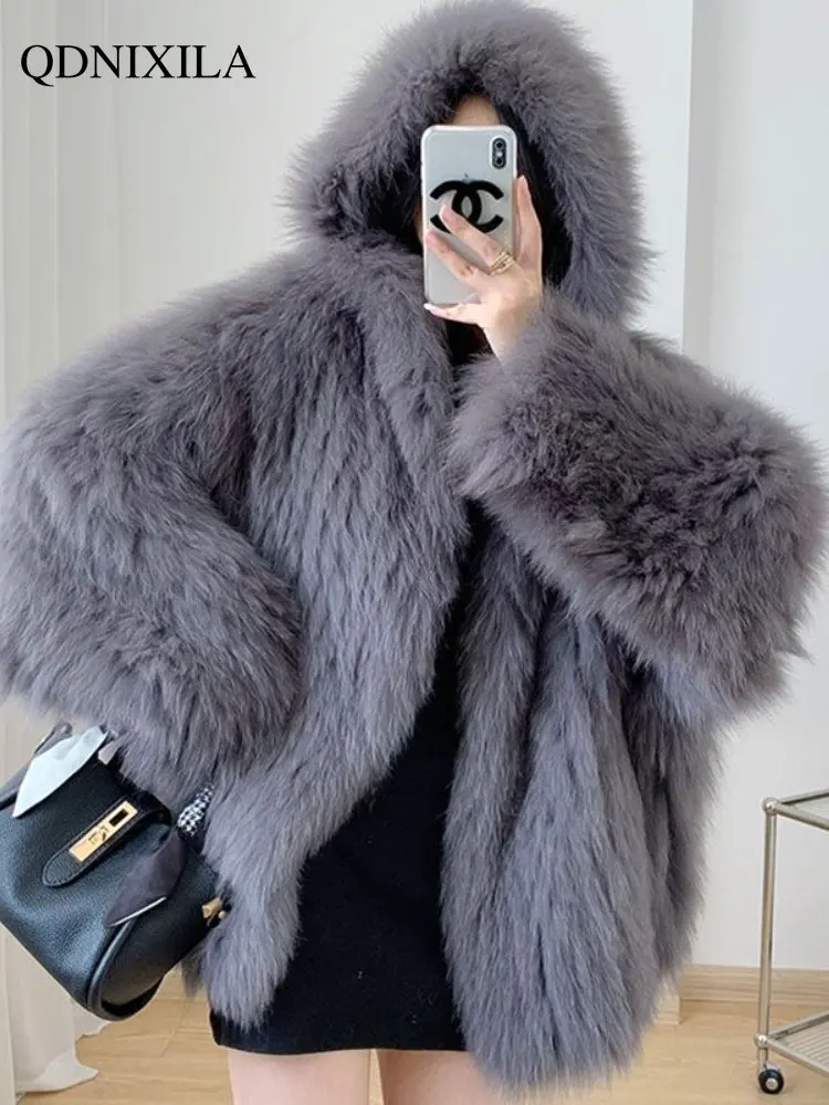 Winter Fur Coat Women Imitation Fox Hair Korean Version of The New Faux Fur Coat Hooded Fox Fur Long Fur Collar Jackets