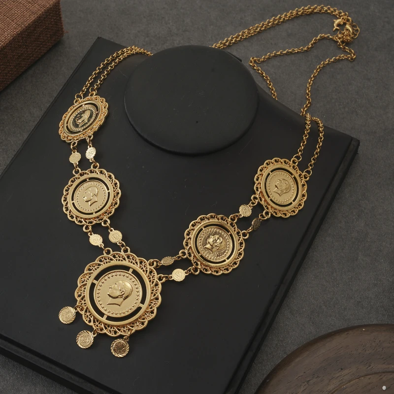 Ottoman Turkish Figure Coin Pendant Necklace for Women Gold Plated Ethnic Wedding Jewelry Chain Arabic Retro Chains Necklaces