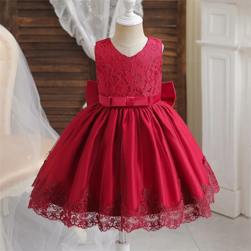 

Newborn Red Lace Princess Dress Birthday Baptism Big Bow Dress Embroidery Sleeveless Elegant Ball Gown baby TuTu Dress Vestidos
