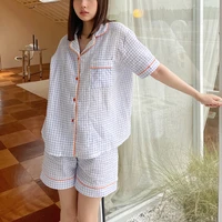cotton womens pajamas korean sleepwear female 2 piece set pajama plaid nightwear summer pyjamas home clothes loungewear