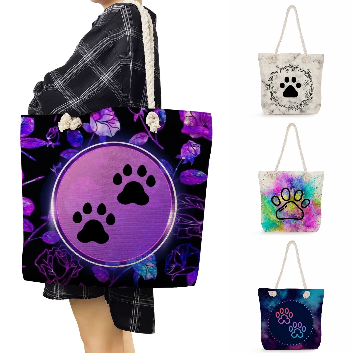 

Purple Tote Bags Thick Rope High Capacity Cartoon Casual Bright Colors Dog Paw Printed Shoulder Bag Traveling Handbags For Women