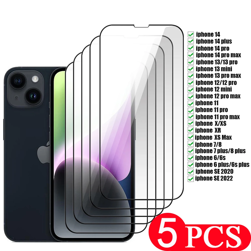 

5Pcs For iphone 14 plus 13 pro max Tempered glass protective film For iphone 12 mini 11 XS SE 3 X XR 8 7 6 6s screen protector