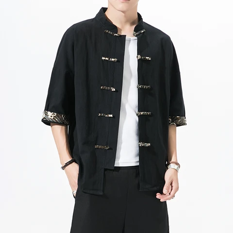 Мужская повседневная рубашка-кимоно в стиле ретро с дисковой пряжкой, топы с коротким рукавом из хлопка и льна с китайским принтом, летняя мужская уличная одежда