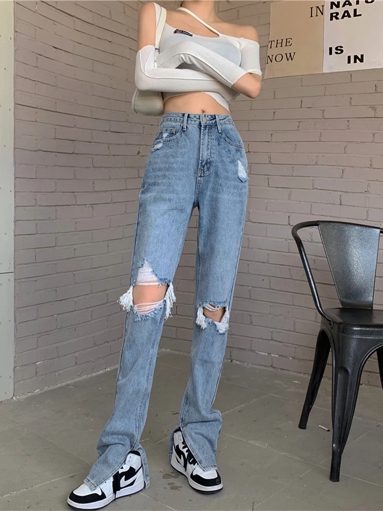 

Casual retro jeans 2022 spring new high waist design ripped hole split denim straight trousers fashion women's clothing