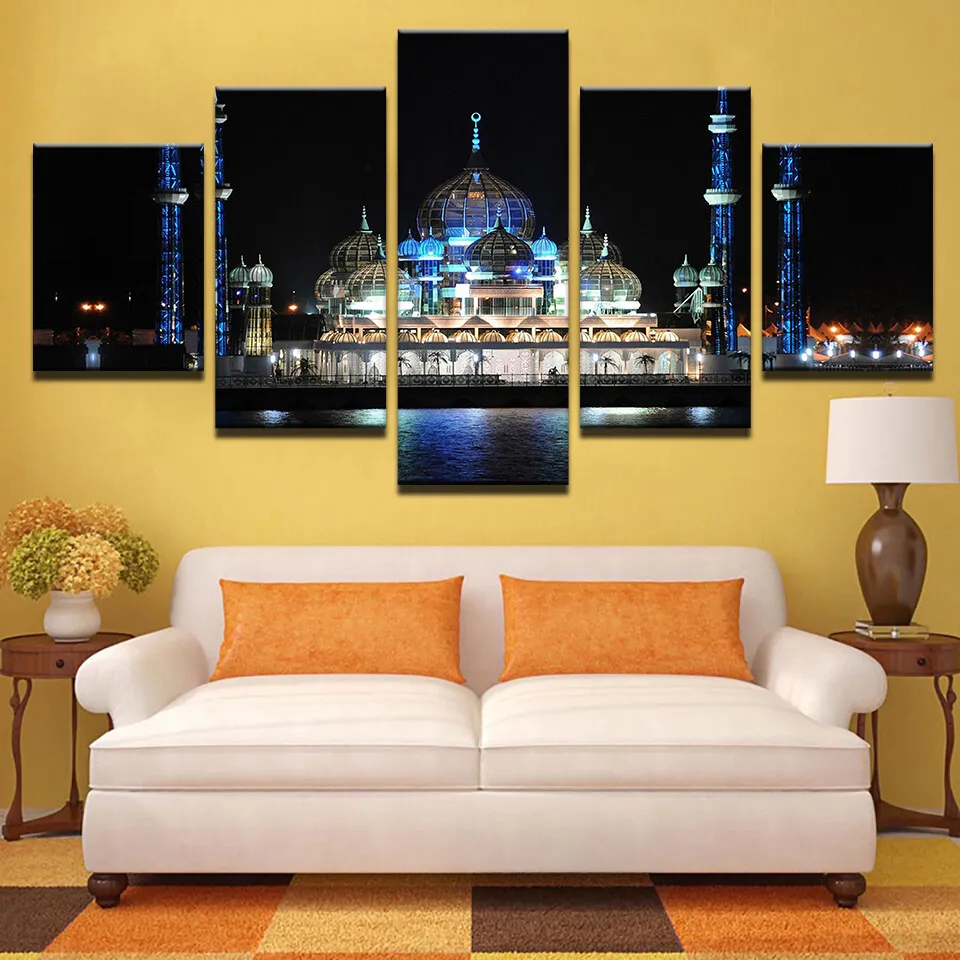 

Unframed 5Pcs Islamic Muslim Building Night View Canvas HD Prints Posters Wall Art Picture Paintings for Living Room Home Decor