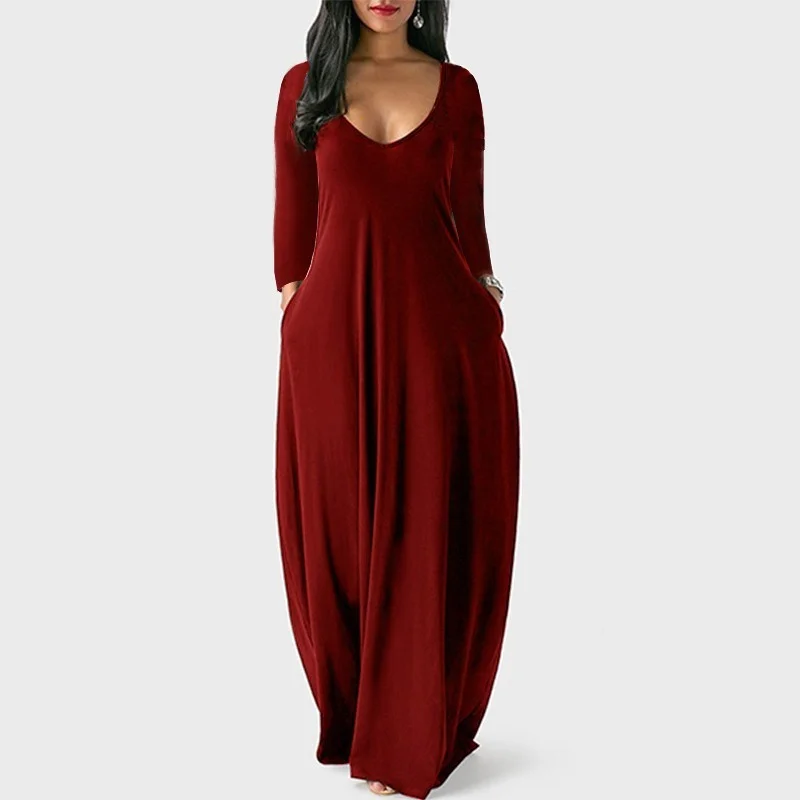 

Women Boho Long Maxi Dress Loose Bohemian V-Neck Solid Boho Clothing Long Sleeve Dress for Women Autumn 2022