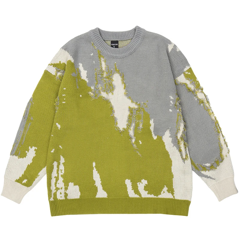 

2022 AW Vintage Oversized Tie Dye Knitted Sweaters Retro Loose Pullover Jacquard Tops Mens Harajuku Irregular Knitting Sweaters