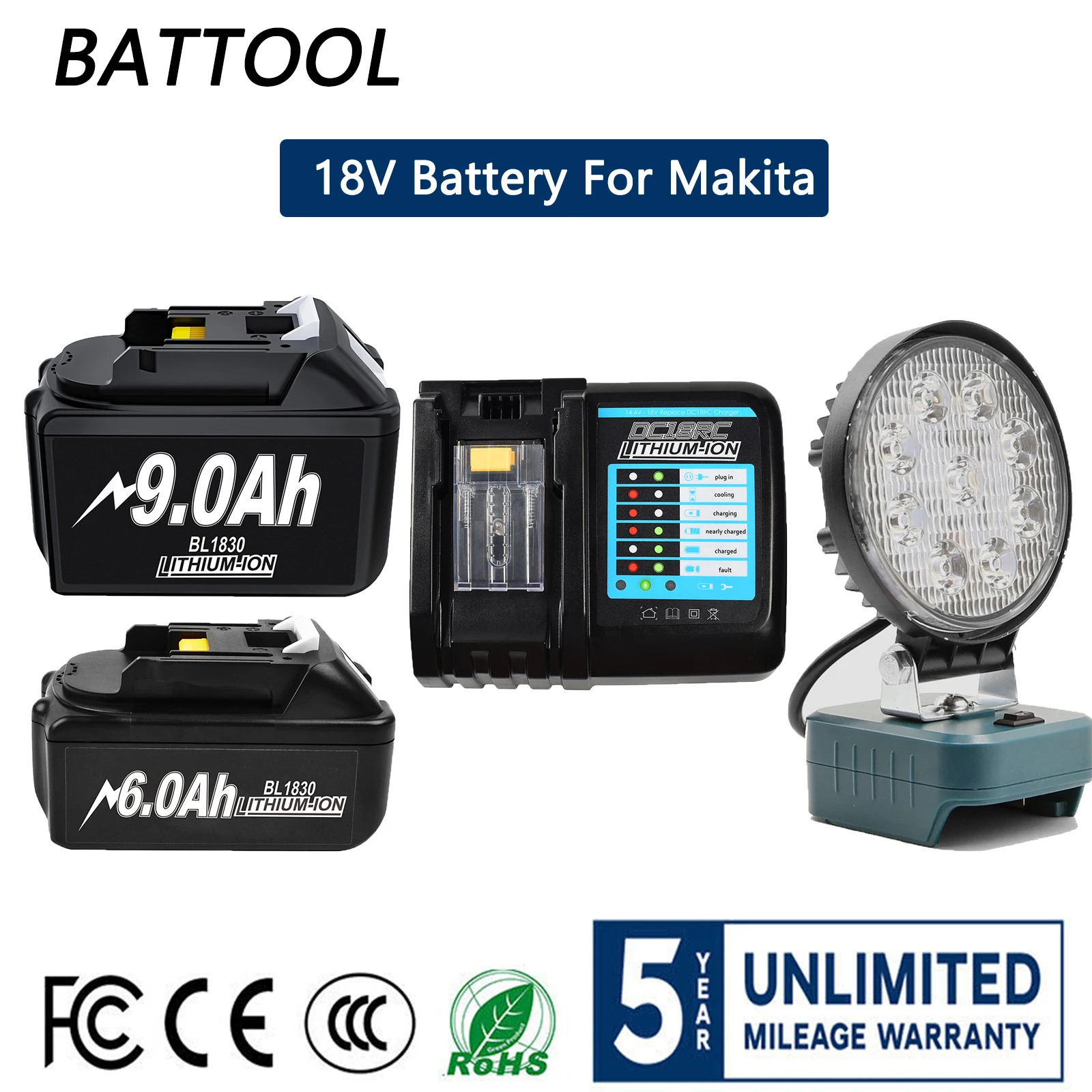 Аккумулятор для Makita 18 в Ач/Ач BL1830B BL1850B BL1850 BL1860, сменный литиевый аккумулятор с Рабочим Освещением для кемпинга