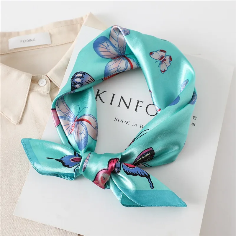 

Butterfly Printing Square Silk Scarf Women Headband Neck Satin Scarfs Office Hair Band Hand Kerchief Vintage Bandana 60*60cm