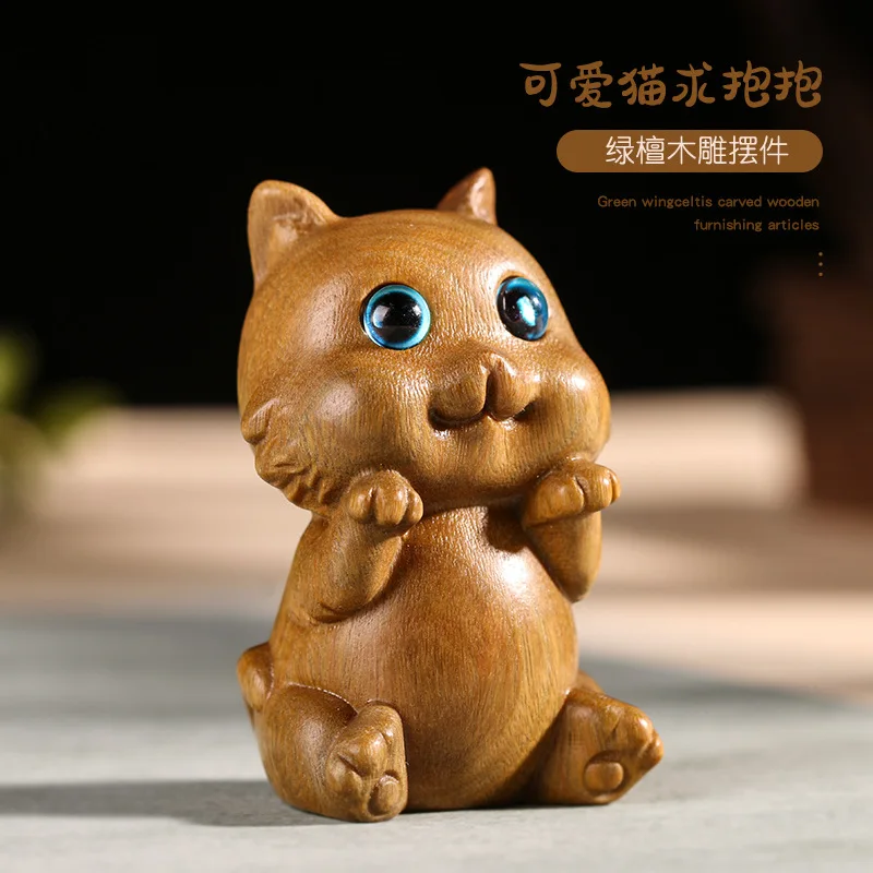 

Ornaments Green Sandalwood Carved Cat Wood Decorative Crafts