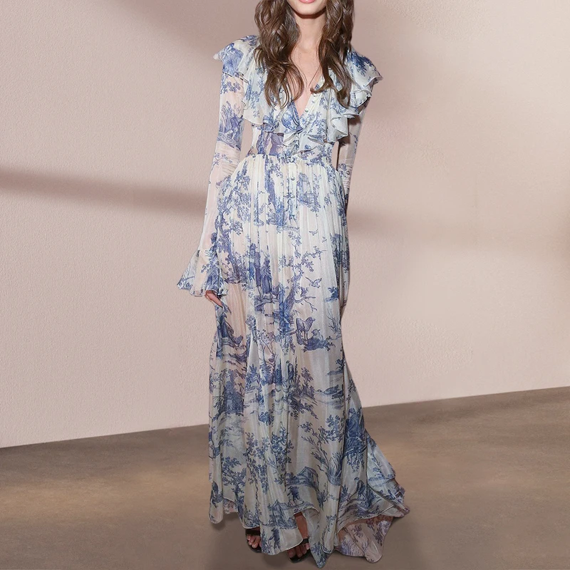 New In 2023 Summer Vintage V-neck Long Sleeve Blue Printed Long Dresses for Women Elegant Ruffles Chiffon Pleated Maxi Dress