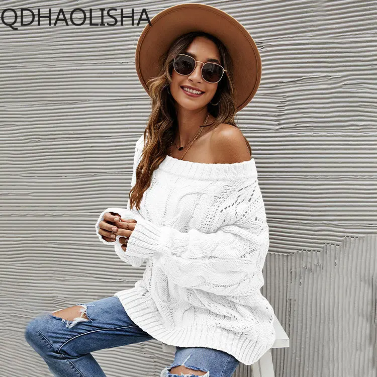 

Women Casual Sweater Autumer Pullovers Solid Knit Long Sleeve Top Oversize Boat Neck Korean Fashion Streetwear Baggy Warm Soft