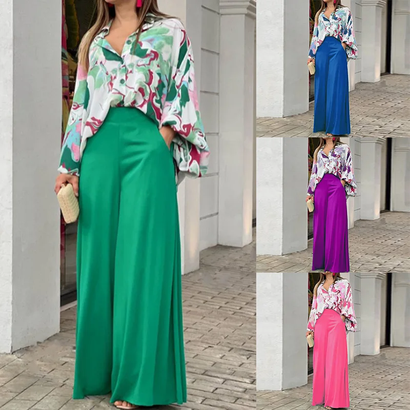 

2023 Women's new printed casual suit loose lapel shirt high waist wide leg pants two-piece set