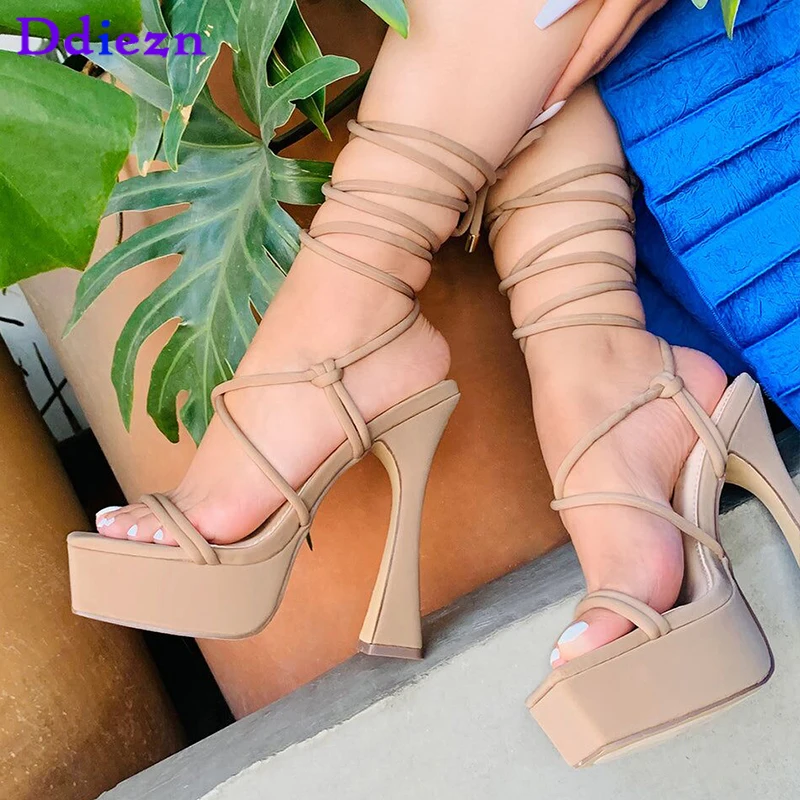 

New 2023 High Heels Gladiator Cross-Tied Women Pumps Rubber Platform Female Sandals Sexy Peep Toe Heeled Shoes For Ladies Slides