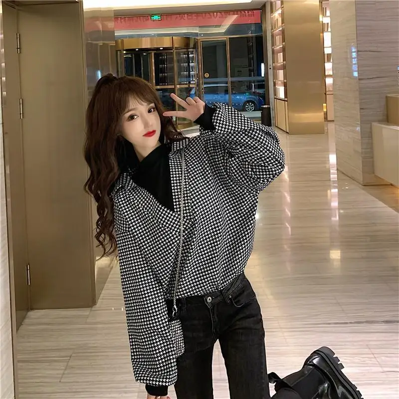 

Autumn Winter New Korean Version 2020 Houndstooth Retro Wild Hit Color Long-sleeved Shirt Fake Two-piece Base Coat