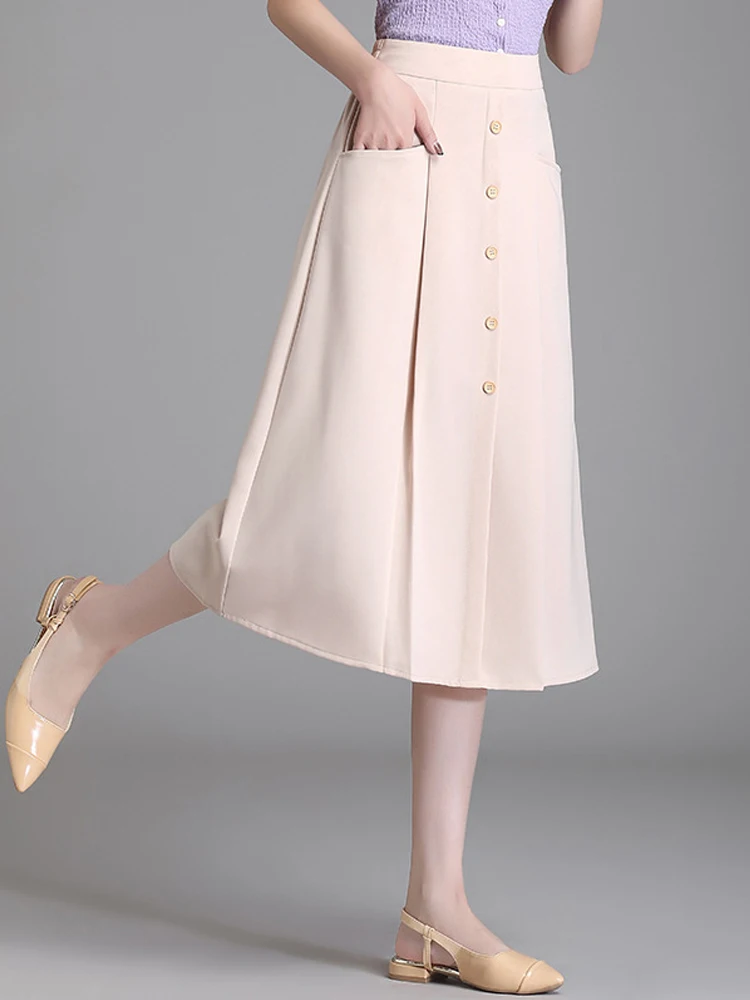 

Summer Ice Silk Chiffon Skirt Women Solid Large Size 5XL Fat Female 100kg A-line High Waist Pockets OL Elegant Maxi Skirt 2022