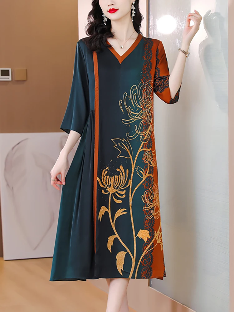 

Женское винтажное шелковое платье средней длины, повседневное свободное платье с цветочным принтом и V-образным вырезом, элегантное платье в Корейском стиле для весны и лета, 2023