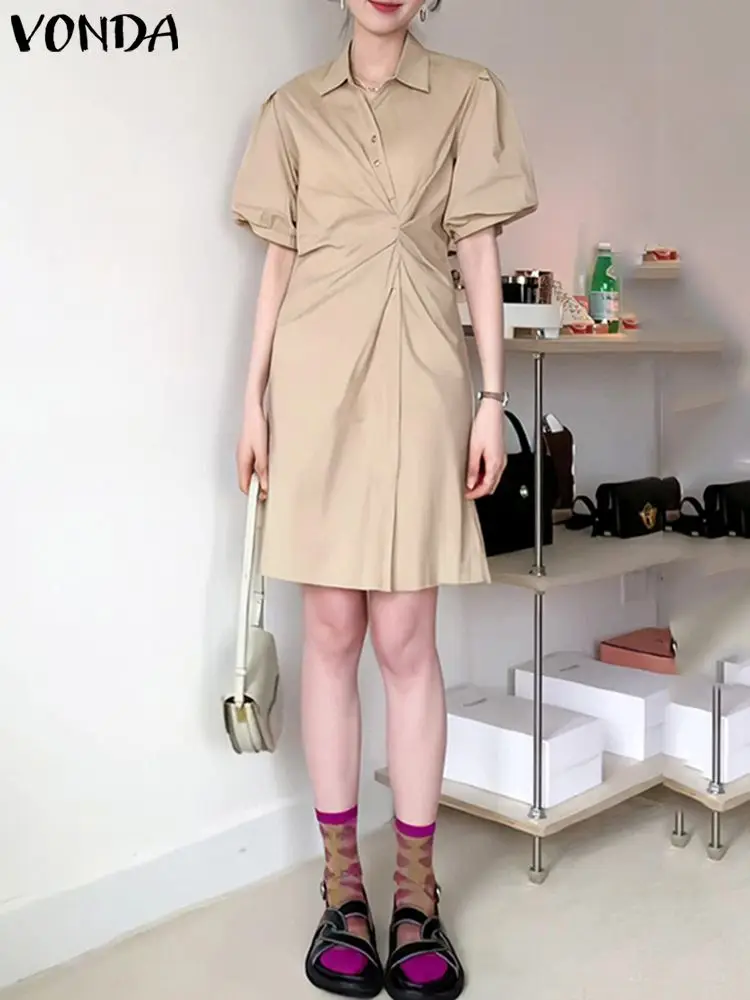

Элегантное однотонное фотоплатье VONDA 2023, повседневный Однотонный женский модный сарафан с отложным воротником и коротким рукавом, плиссированные мини-платья